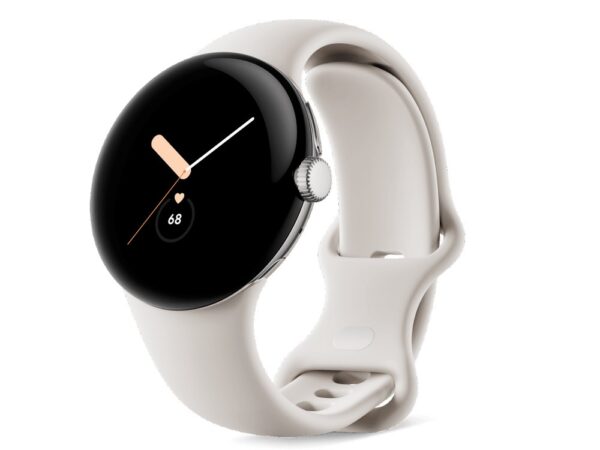 Google Pixel Watch Polished Silver case Chalk Active band