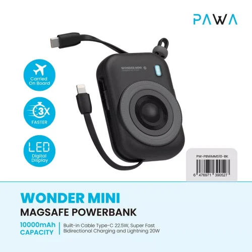 PAWA WonderMini 10000mAh Magsafe Powerbank 22.5W with Built-in Bidirectional Charging USB-C and Lightning Cable - PAWA Kuwait - Alezay Kuwait