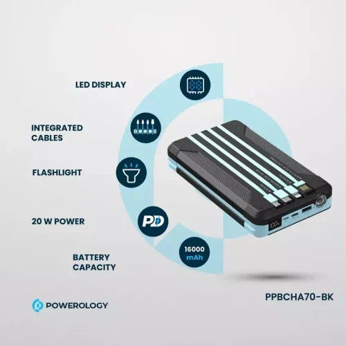 Powerology 16000mAh Solar Multi-Cable Powerbank - Black - Alezay Kuwait - Powerology Kuwait