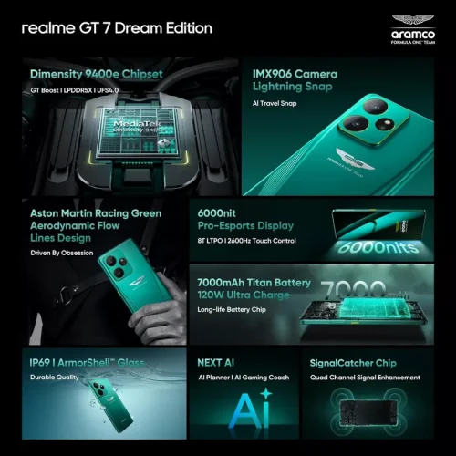 Realme GT 7 Dream Edition Limited Edition - Aston Martin Green - Specs - Alezay Kuwait - Realme Kuwait