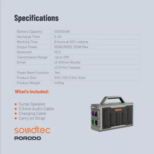 Porodo Soundtec Surge 2.2 Channel Party Speaker - Black - Alezay Kuwait - Porodo Kuwait