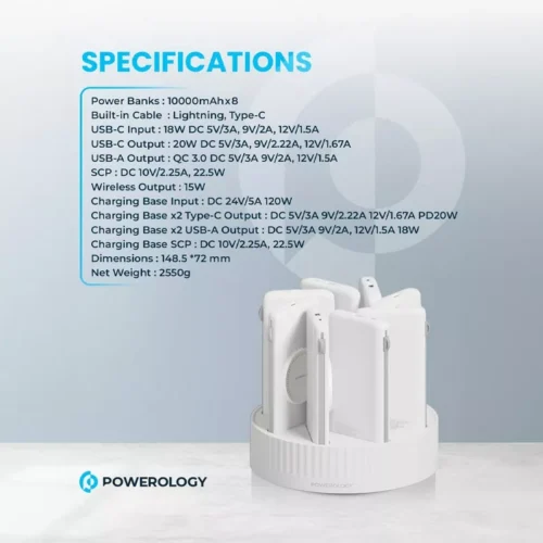 Powerology 8-in-1 Station 10000mAh PD 120W QC Wireless Powerbank - White - Alezay Kuwait - Powerology Kuwait