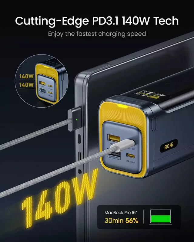 AOHI Starship 40000mAh Power Bank 140W Charger with USB-C to USB-C Cable, 2-in-1 Charging Station + Power Bank 17 AOHI Starship 40000mAh Power Bank 140W Charger - AOHI Kuwait - Alezay Kuwait