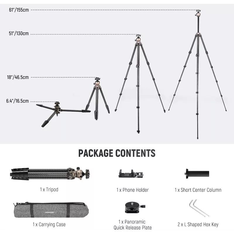 NEEWER LITETRIP LT35 61" Travel Tripod Carbon Fiber w Pan Tilt Low Profile Ball Head, Arca QR Plate Compatible with PD, Center Axis, 2in1 Phone Clamp Handgrip, Max Load 22lb 16 NEEWER LITETRIP LT35 61 Travel Tripod - Alezay Kuwait - NEEWER Kuwait