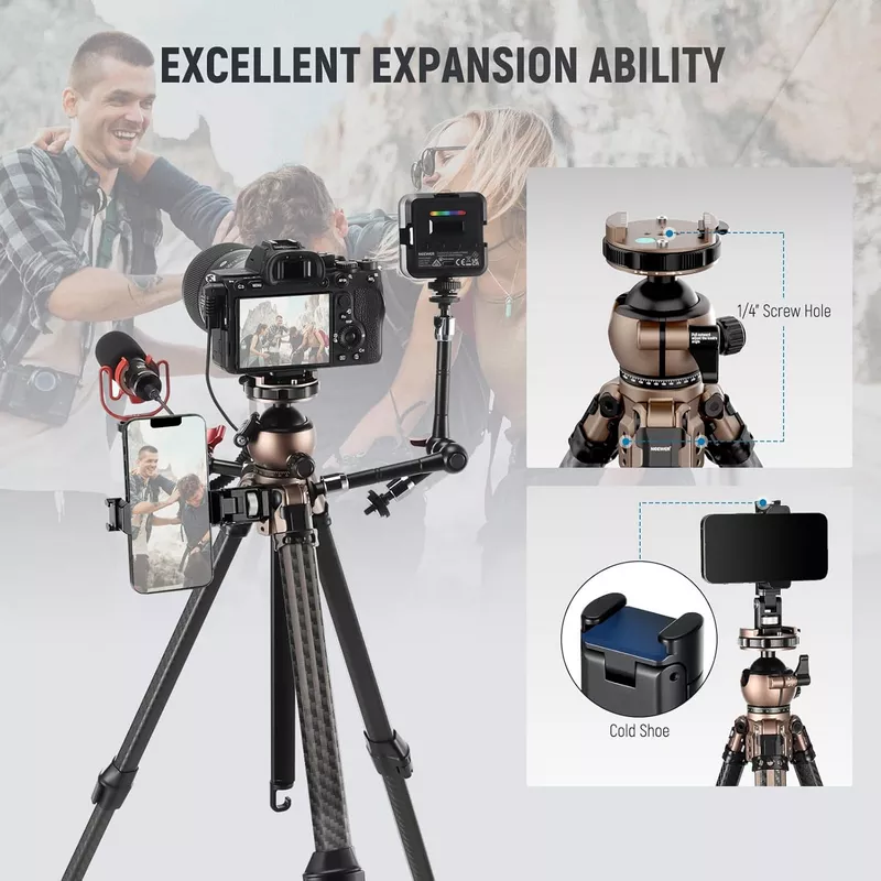 NEEWER LITETRIP LT35 61" Travel Tripod Carbon Fiber w Pan Tilt Low Profile Ball Head, Arca QR Plate Compatible with PD, Center Axis, 2in1 Phone Clamp Handgrip, Max Load 22lb 14 NEEWER LITETRIP LT35 61 Travel Tripod - Alezay Kuwait - NEEWER Kuwait