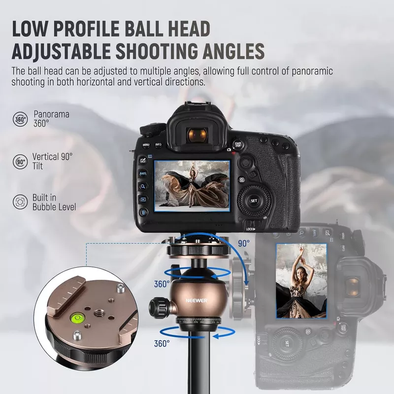 NEEWER LITETRIP LT35 61" Travel Tripod Carbon Fiber w Pan Tilt Low Profile Ball Head, Arca QR Plate Compatible with PD, Center Axis, 2in1 Phone Clamp Handgrip, Max Load 22lb 15 NEEWER LITETRIP LT35 61 Travel Tripod - Alezay Kuwait - NEEWER Kuwait