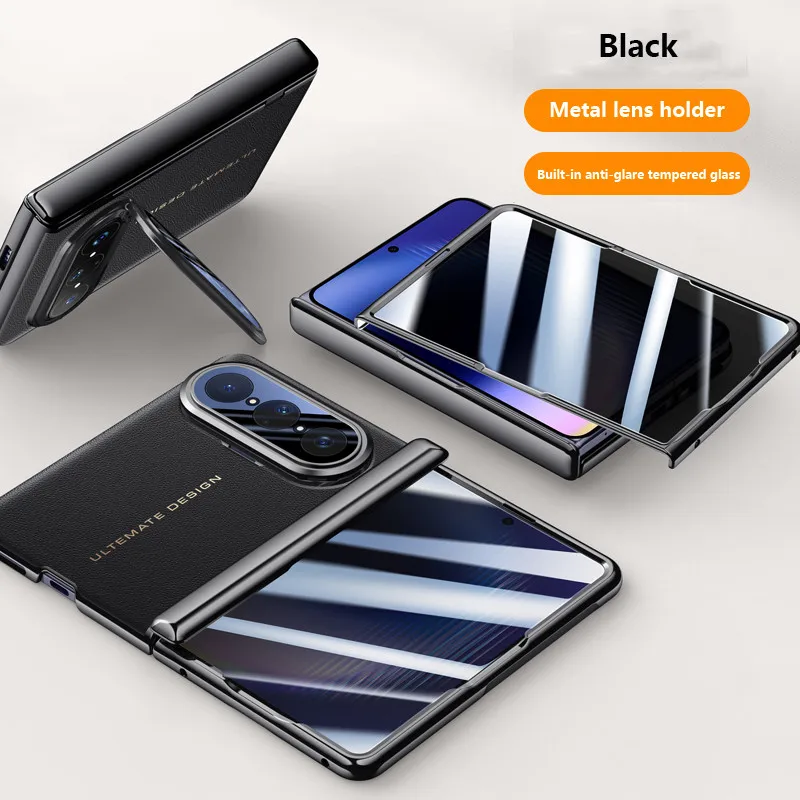 Huawei Pura X Max Luxury Leather Cover with Camera Lens Protection & Metal Lens Holder 15 Huawei Pura X Max Luxury Leather Cover - Black With Privacy Glass - Huawei Kuwait - Alezay Kuwait