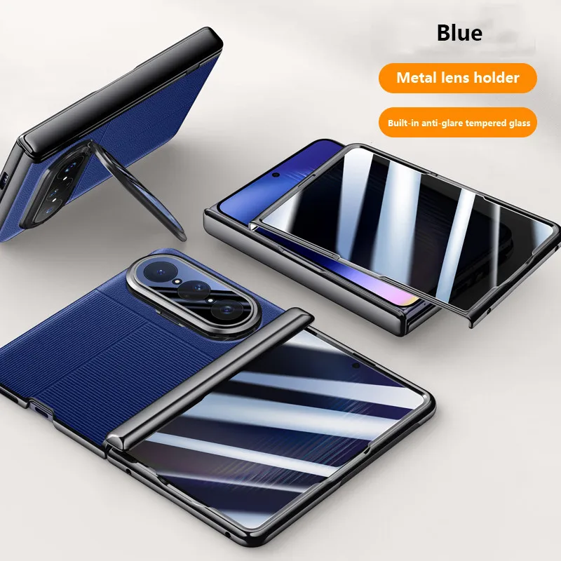 Huawei Pura X Max Luxury Leather Cover with Camera Lens Protection & Metal Lens Holder 16 Huawei Pura X Max Luxury Leather Cover - Blue With Privacy Glass - Huawei Kuwait - Alezay Kuwait