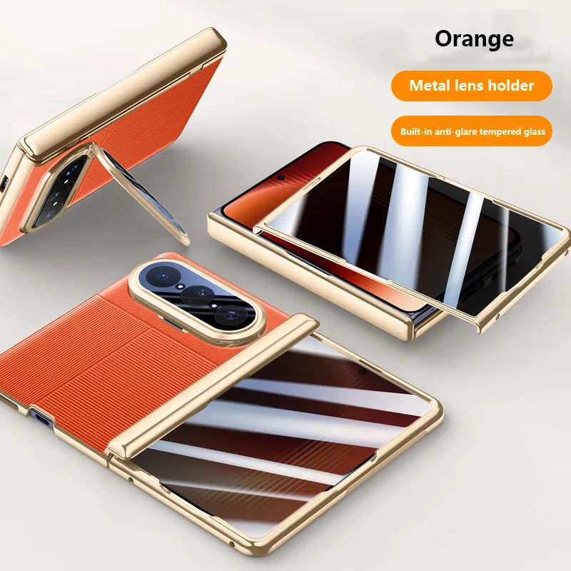 Huawei Pura X Max Luxury Leather Cover with Camera Lens Protection & Metal Lens Holder 17 Huawei Pura X Max Luxury Leather Cover - Orange With Privacy Glass - Huawei Kuwait - Alezay Kuwait