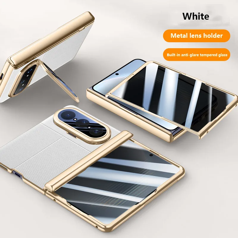 Huawei Pura X Max Luxury Leather Cover with Camera Lens Protection & Metal Lens Holder 18 Huawei Pura X Max Luxury Leather Cover - White With Privacy Glass - Huawei Kuwait - Alezay Kuwait